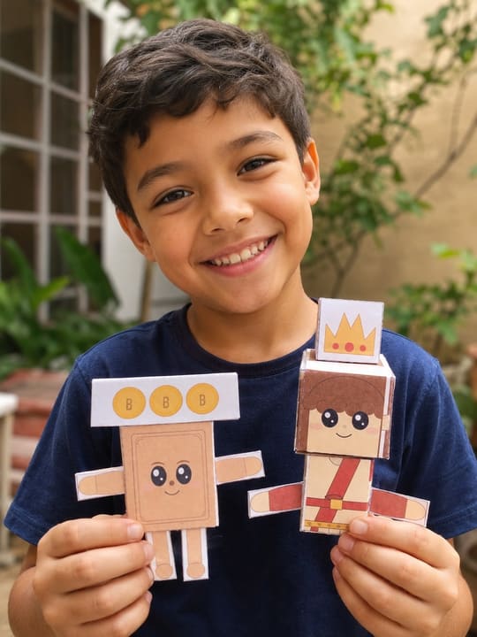 Menino sorrindo com o Biblinha e o Rei Davi montados nas mãos