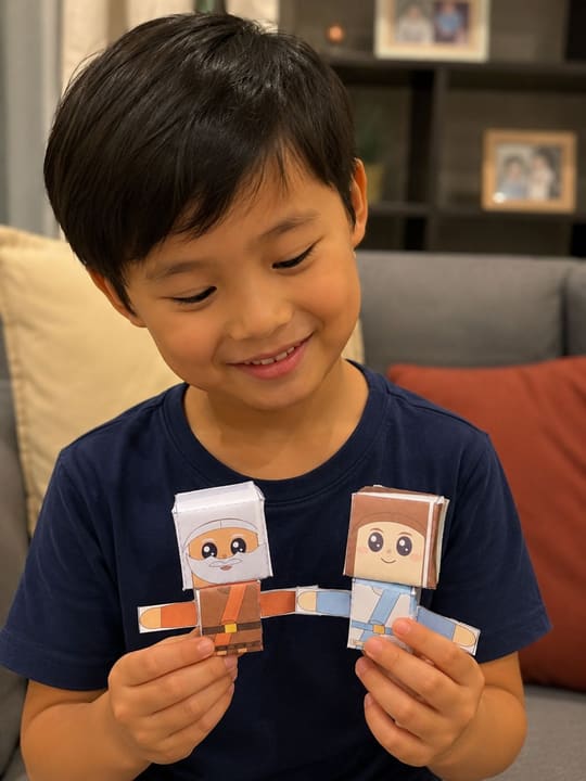 Menino na sala segurando dois personagens bíblicos montados em papel