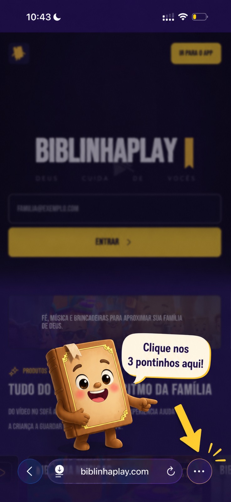 Site do BiblinhaPlay aberto no Safari, com o mascote pedindo para tocar nos três pontinhos da barra inferior