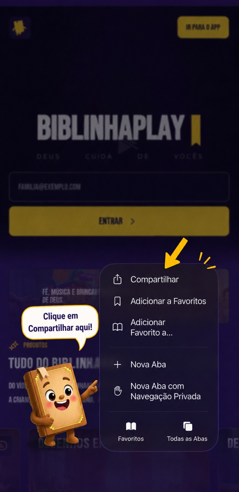 Menu do Safari aberto, com uma seta apontando para a opção "Compartilhar"