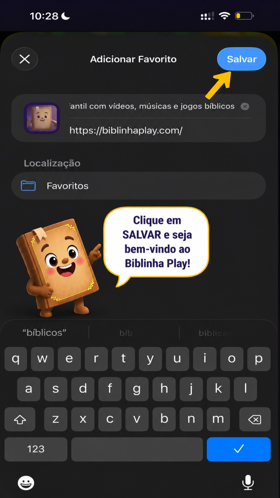 Tela "Adicionar Favorito" com uma seta apontando para o botão Salvar