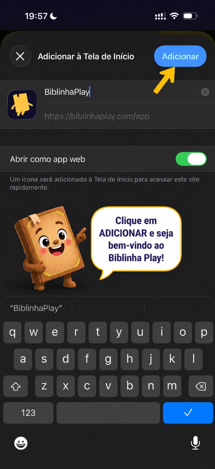 Tela "Adicionar à Tela de Início" com uma seta apontando para o botão Adicionar